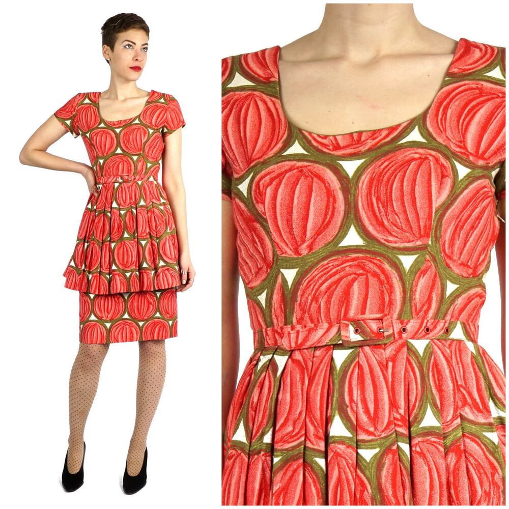 Vintage 50's Pink and Green Patterned Barkcloth Peplum Dress by Racell | XS/S